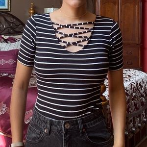 🌻3/$20🌻Black Striped Cross Bodysuit